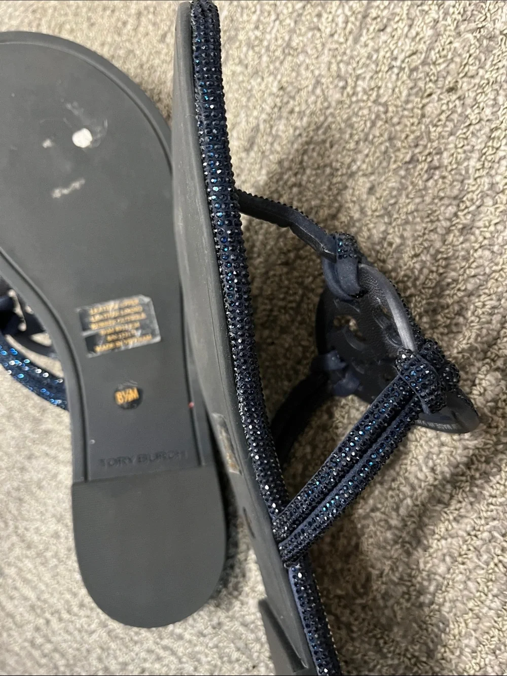 Tory Burch Navy rhinestone Miller Thong Sandals with White Footbed. VG condition